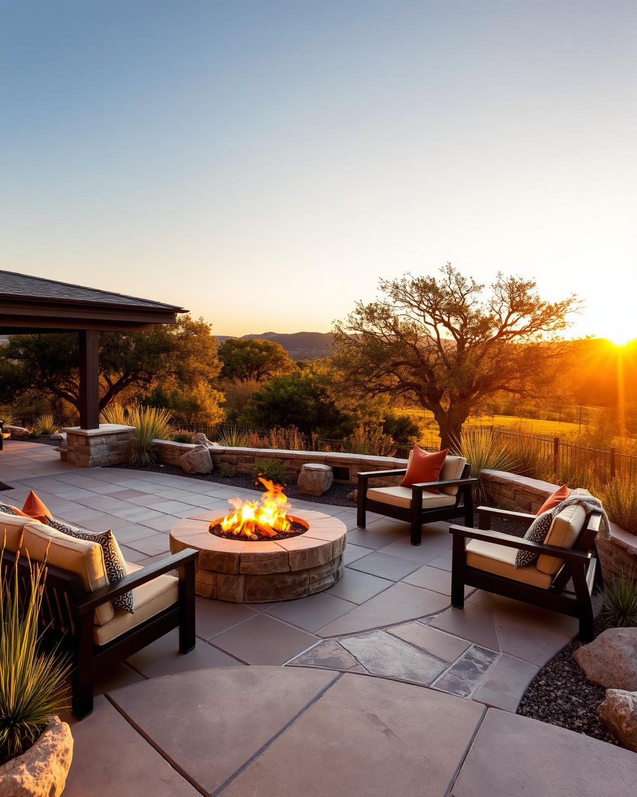 Custom Hill Country patio with fire pit at golden hour